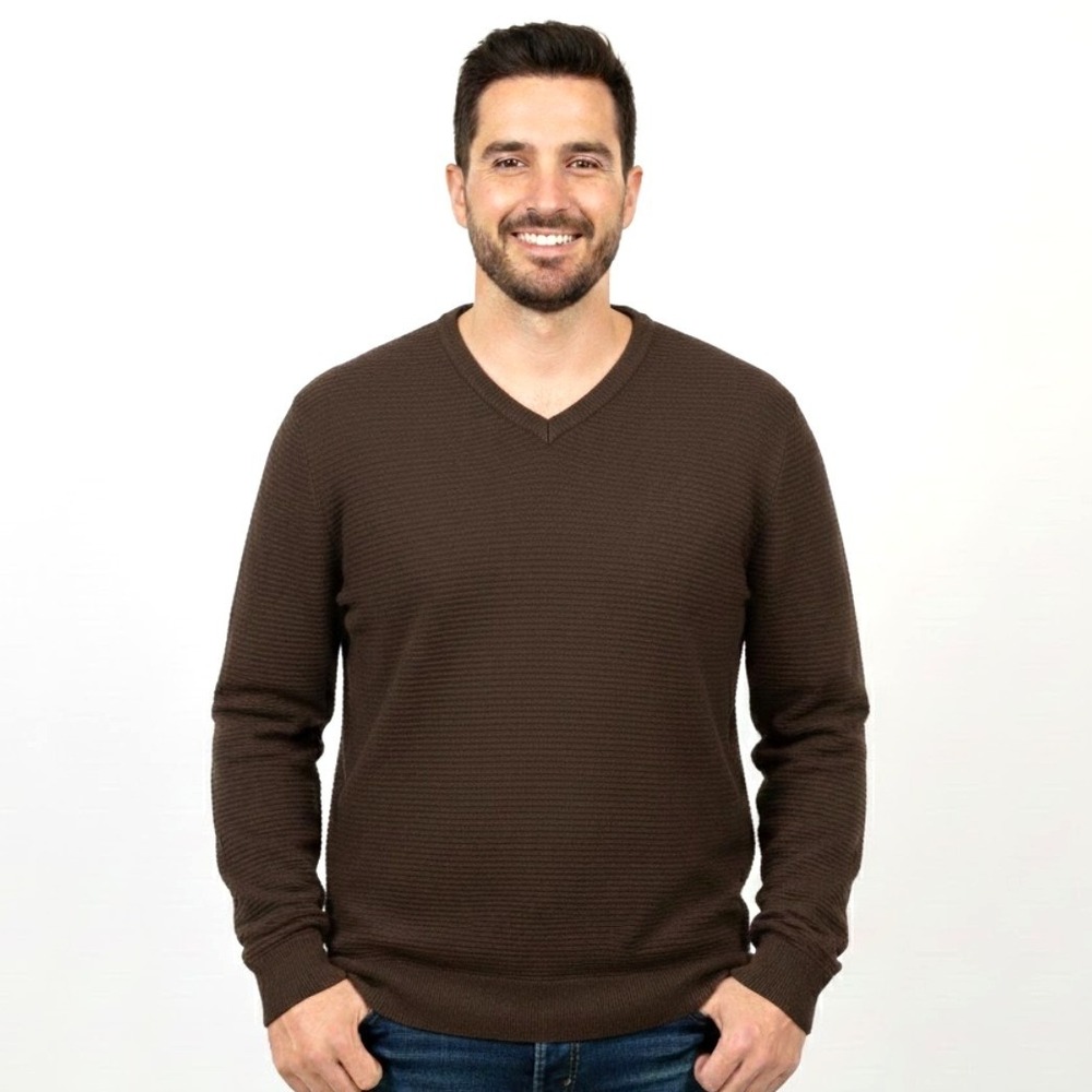 Club Room Mens XL V Neck Sweater Brown Long Sleeve Merino Blend Preppy Classic